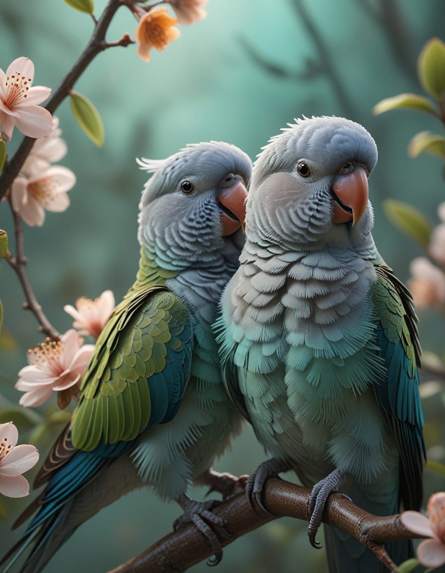 Macro Photo of Parakeets on Blossoming Branch