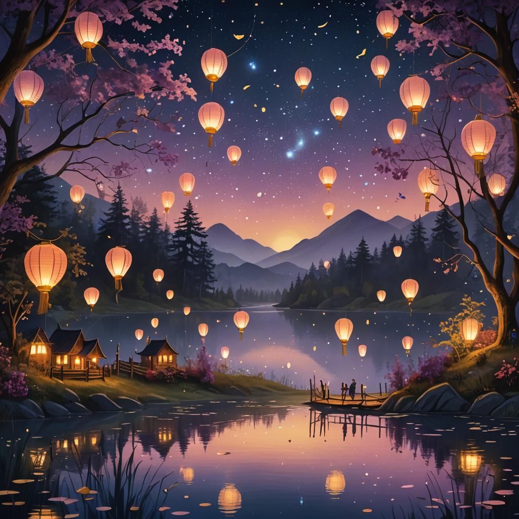 Whimsical Lakeside Party at Night: Fantasy Concept Art