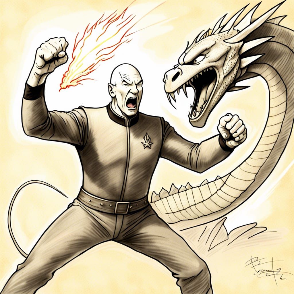 Captain Jean-Luc Picard using diplomacy with a dragon, pencil sketch