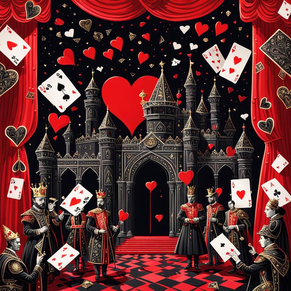 Surreal Palace with Card Motifs in Gouache Style