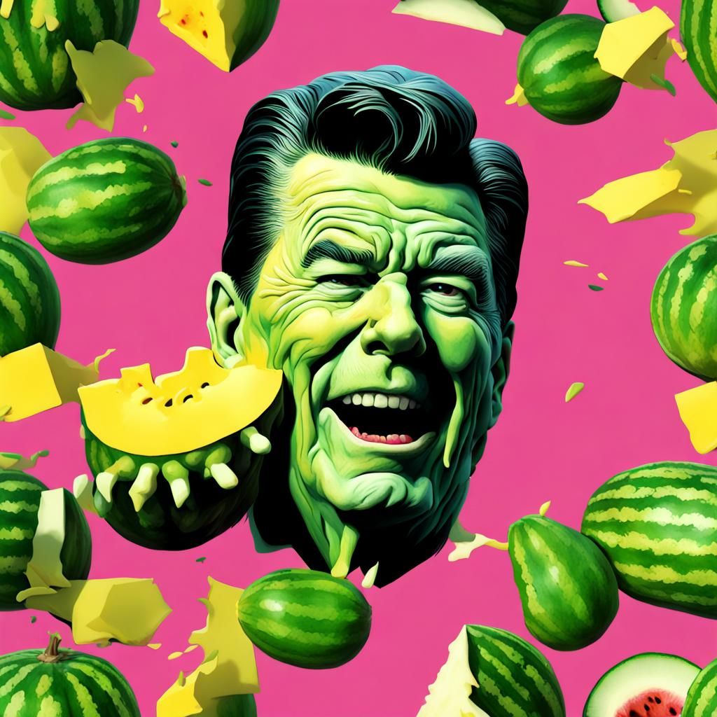 Hyperrealistic Zombie Watermelon Reagan Eating Pineapple