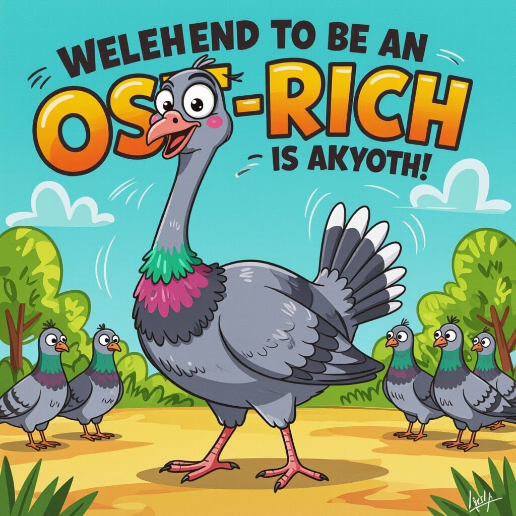 Funny Pigeon Pretends to Be Ostrich in Caricature Style