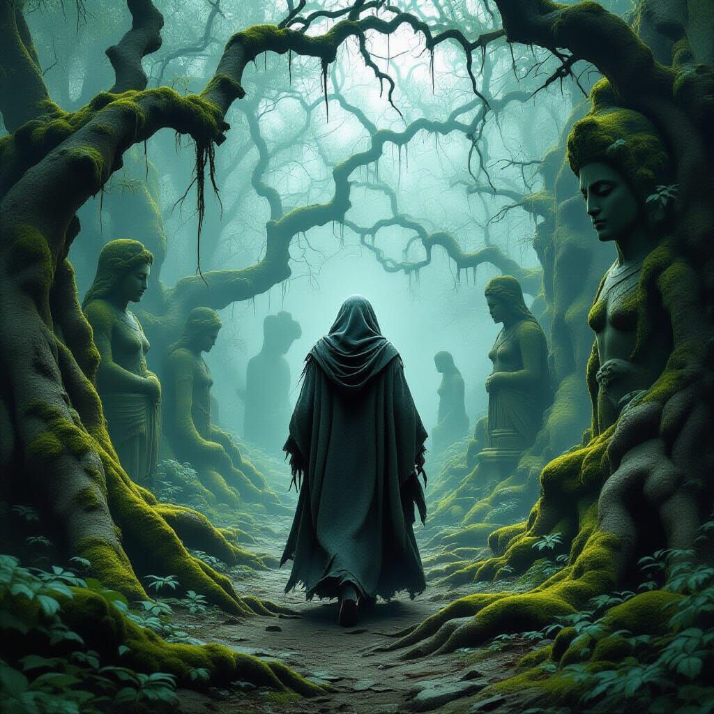 Mystical Woman in Overgrown Ancient Maze