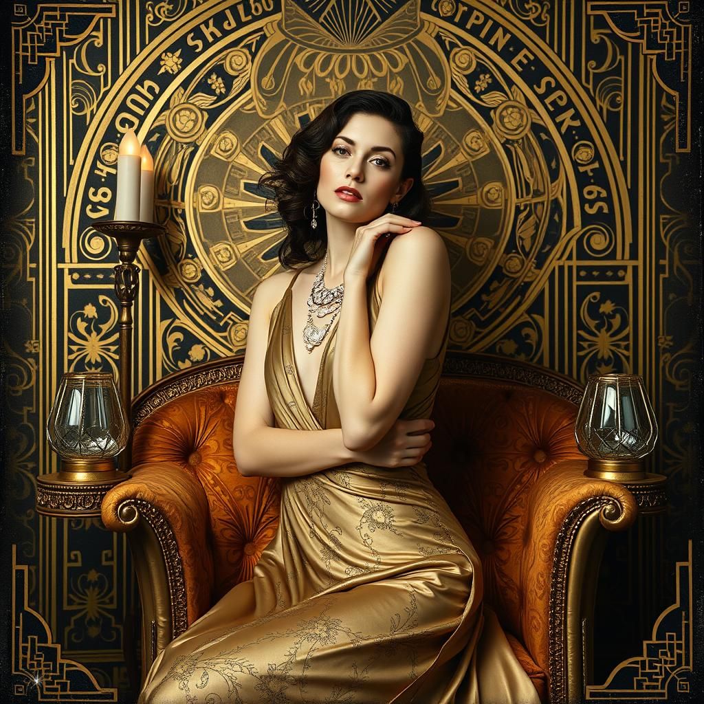 Elegant Woman in Surreal Art Deco Dreamscape