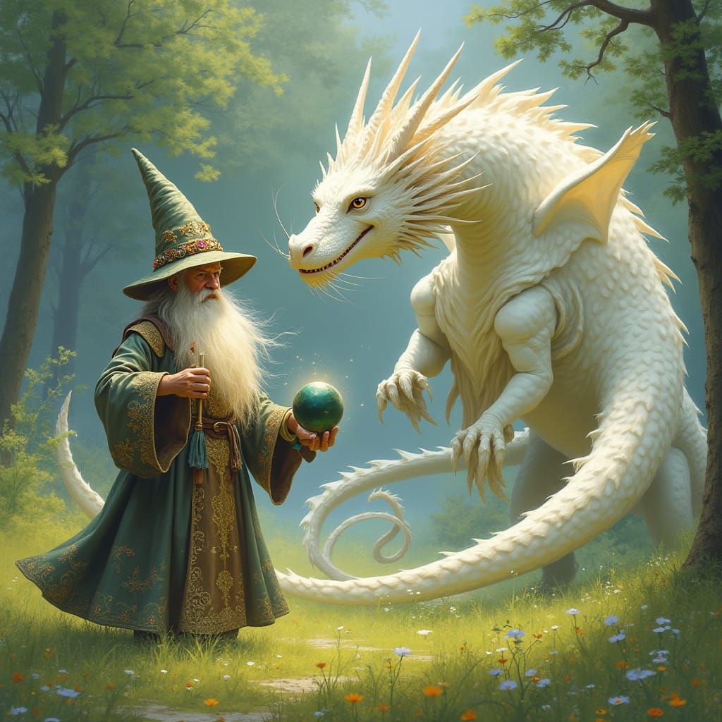 Wizard Stands before Great White Dragon in Majestic Meadow