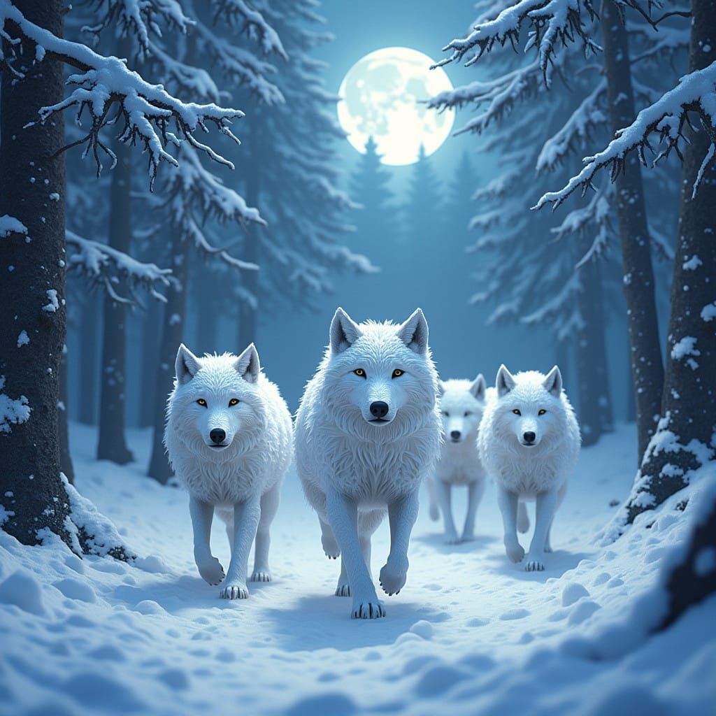 Mystical White Wolf Pack Unites in Cosmic Snowy Forest