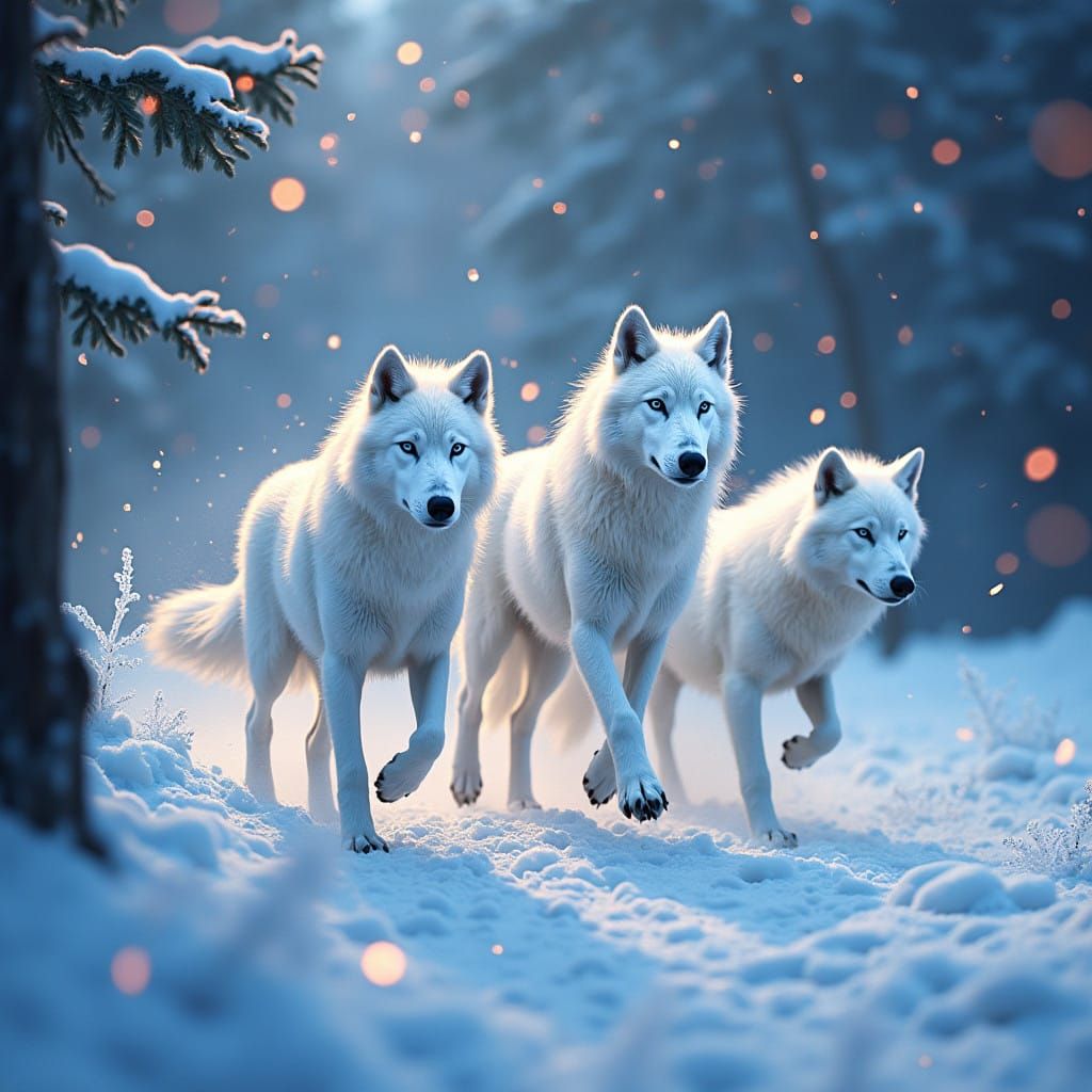 Majestic White Wolves Run Through Ethereal Snowy Landscape