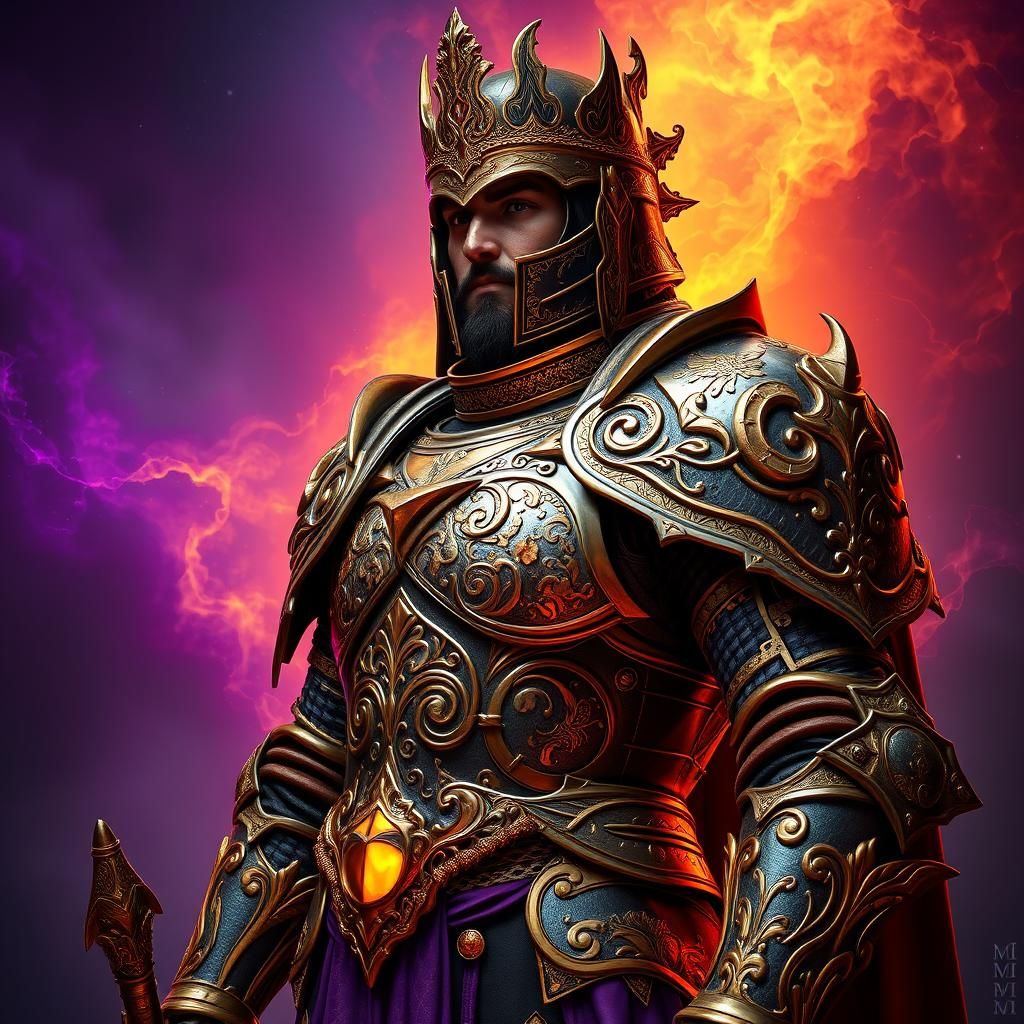 Regal Warrior in Ornate Armor with Purple and Orange Hues