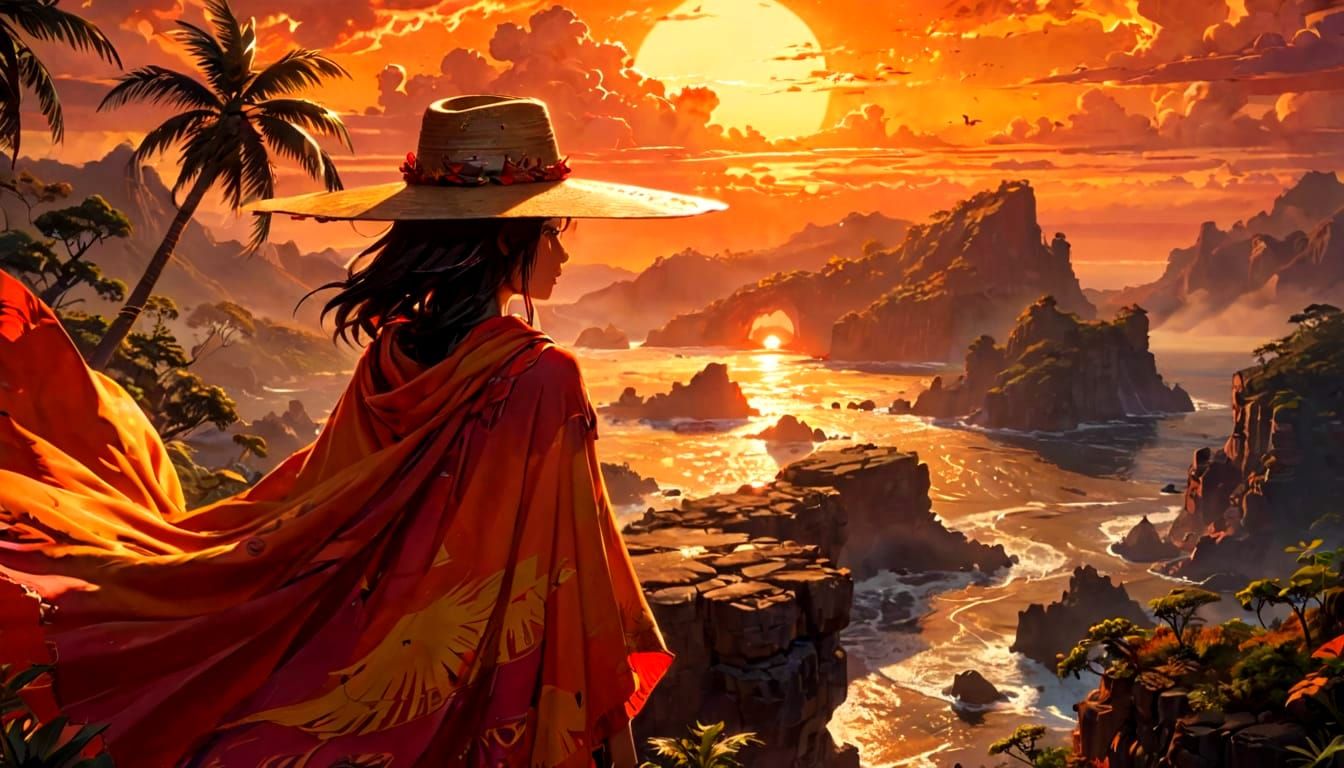Solarpunk Androgynous Figure at Tropical Sunset