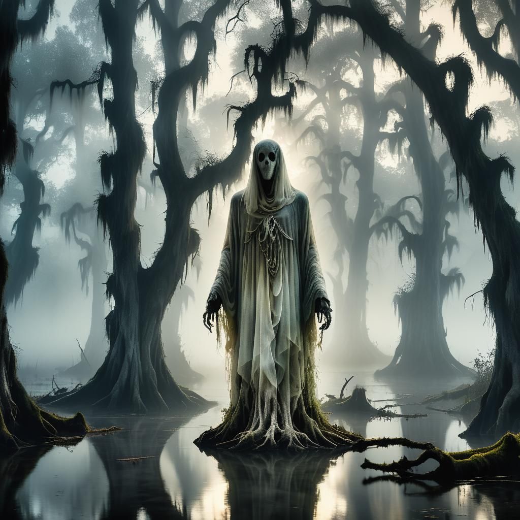 Ghostly Spirit in Mist-Filled Swamp at Golden Hour