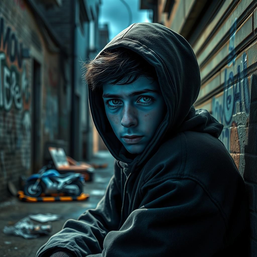 Monochromatic Portrait of Homeless Youth in City Alley