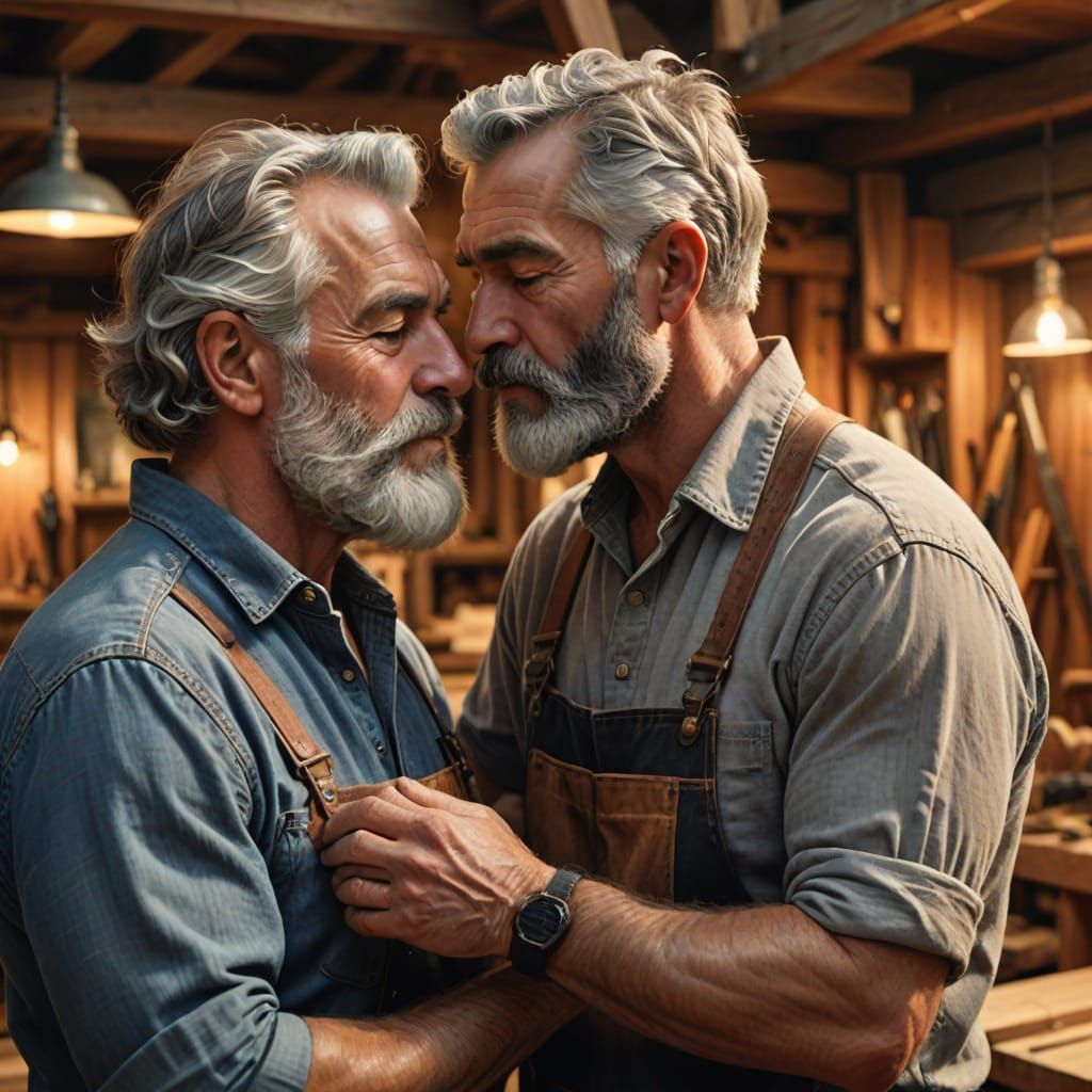 Romantic Kiss of Two Old Muscle Carpenters