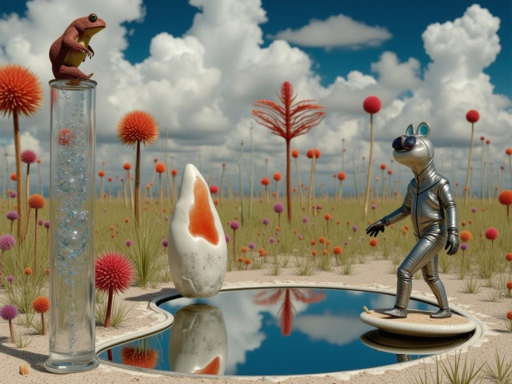 Horned Toad on Test Tube in Surreal Alien Landscape