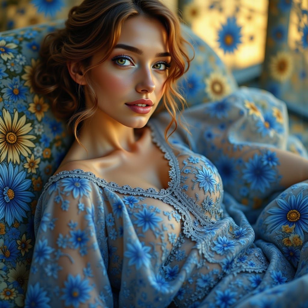 Elegant Woman in Blue Dress with Floral Motifs