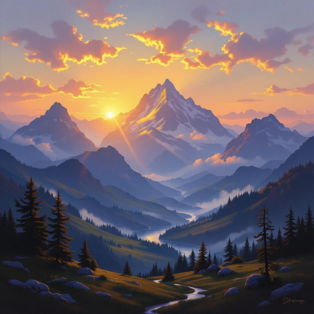 Serene Mountain Valley at Dawn Landscape Painting