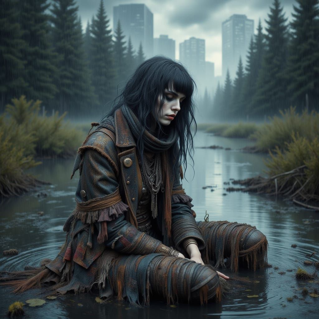 Mysterious Woman Surveys the Stormy Pond