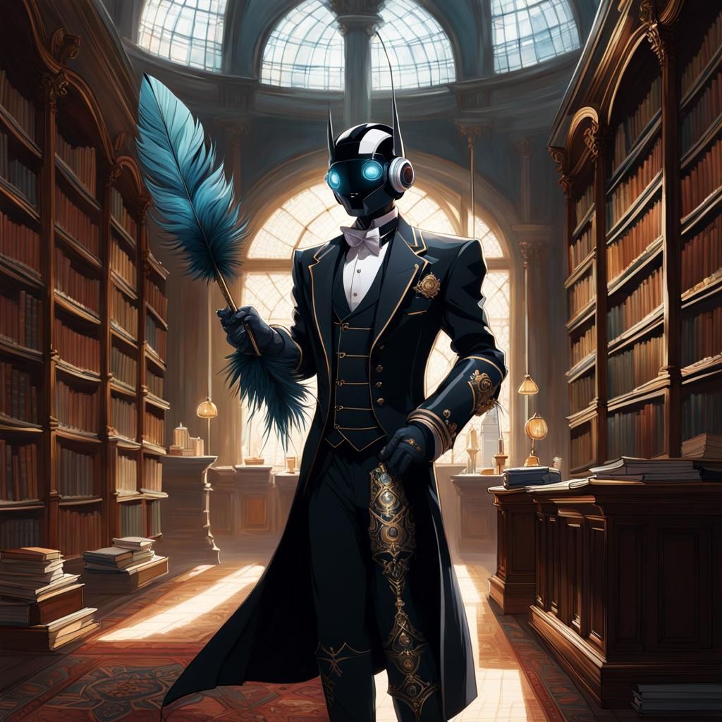 Robot Butler in Library, Digital Painting Style