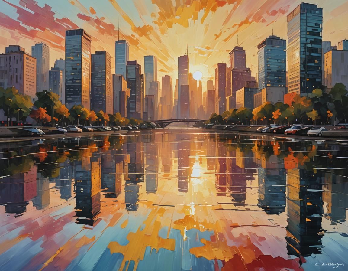 Colorful Cityscape at Sunrise: Tachisme Brushwork
