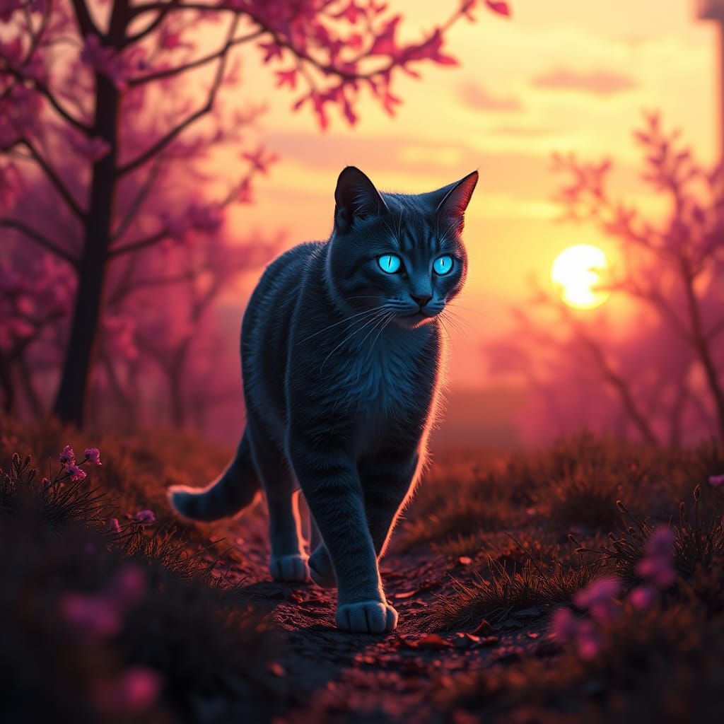 Blue Cat in Sunset Forest: Fantasy Concept Art