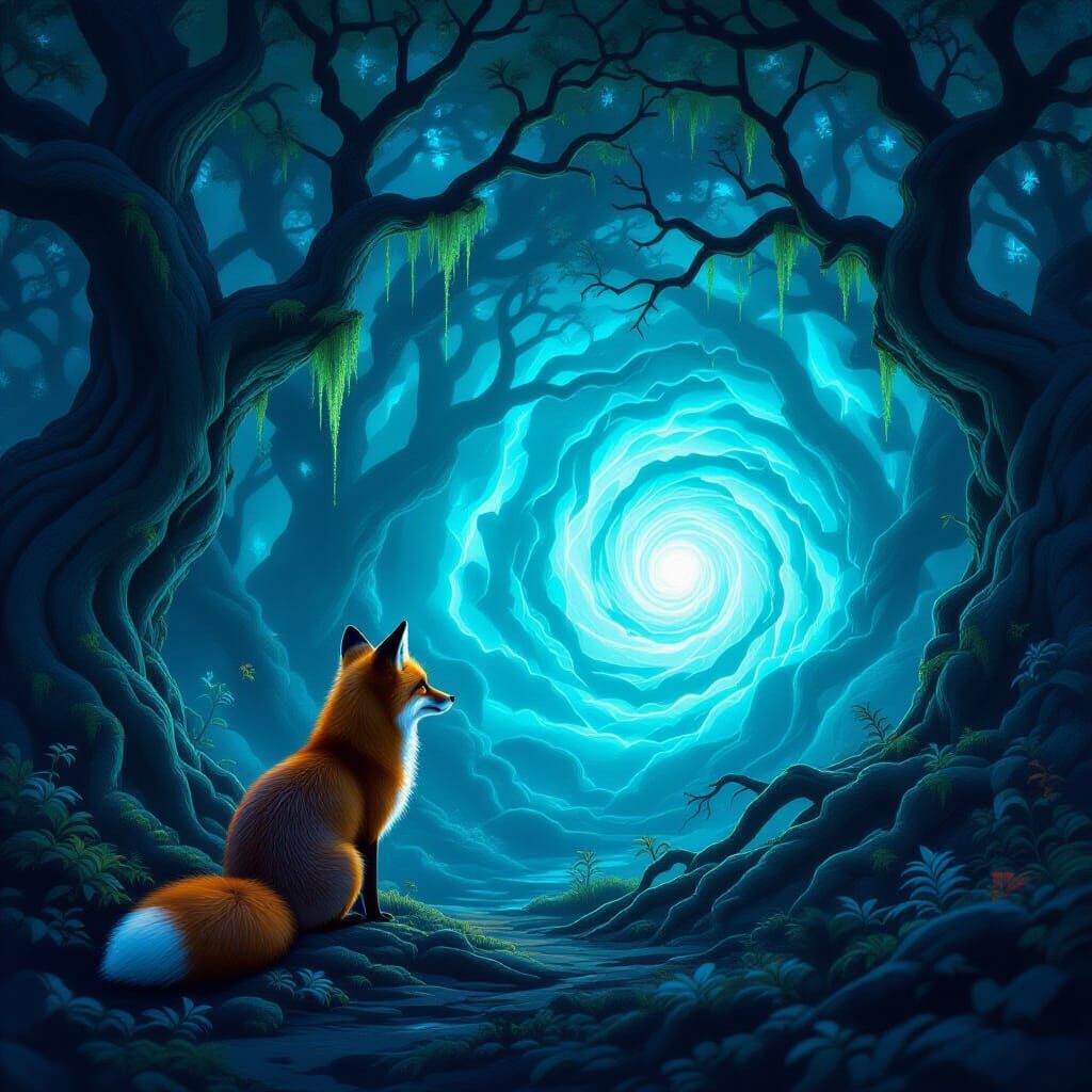 Fox Gazes into Bioluminescent Forest Portal