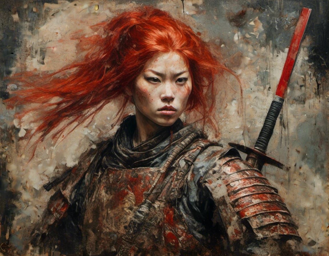 Red-Haired Samurai Warrior in Feudal Japan as Oil Painting