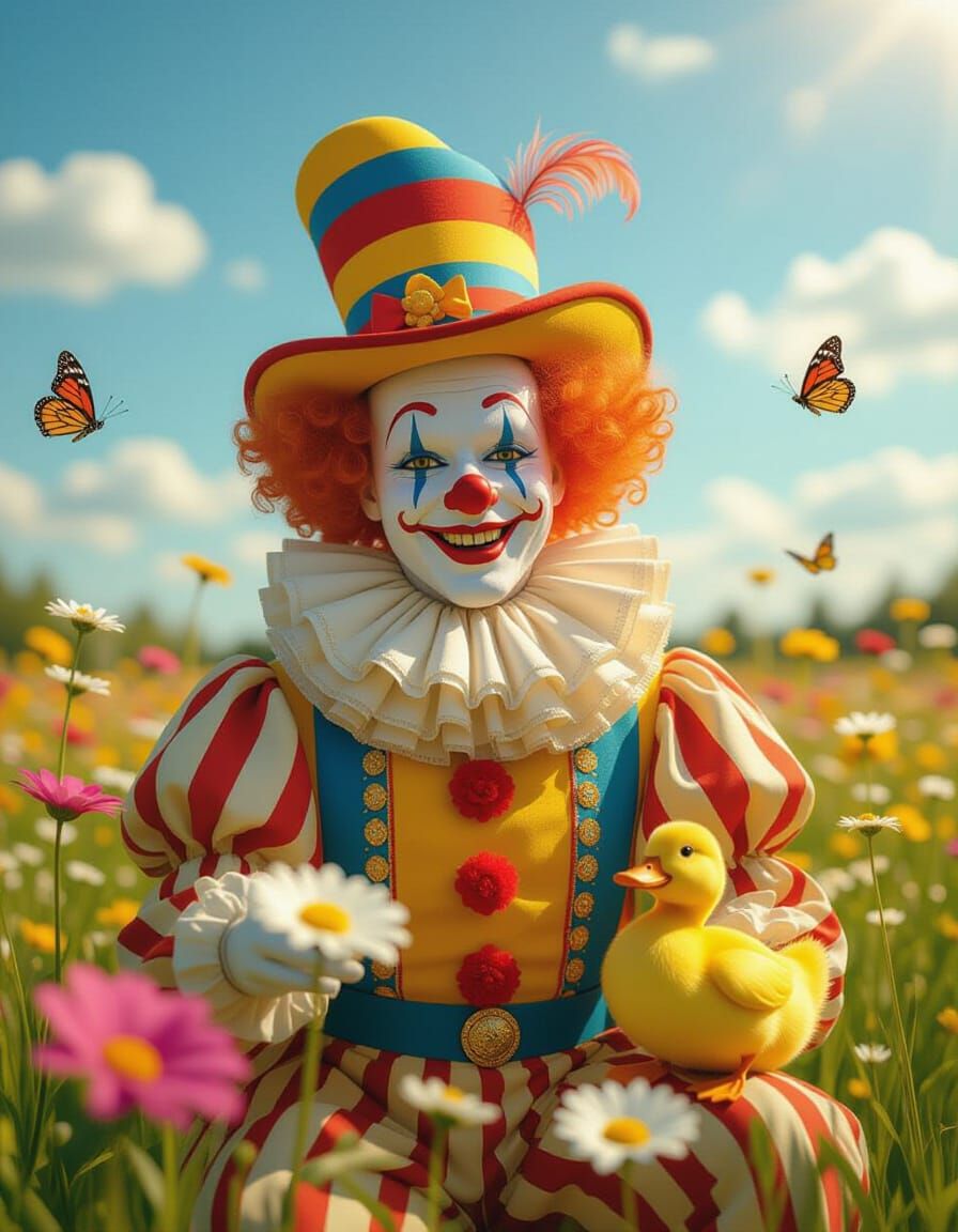 Clown in Flower Meadow with Duck