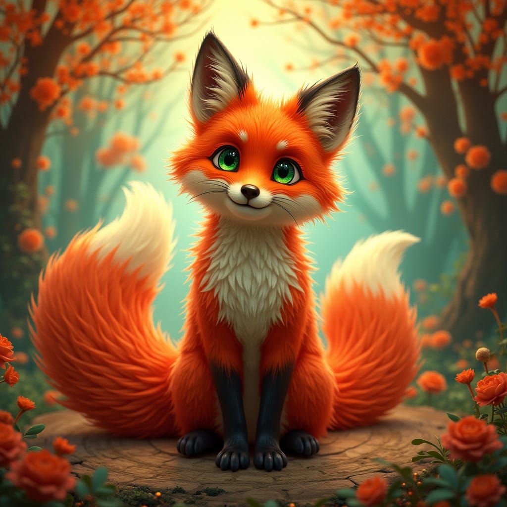 Vibrant Red Fox in Whimsical Art Nouveau Dreamscape