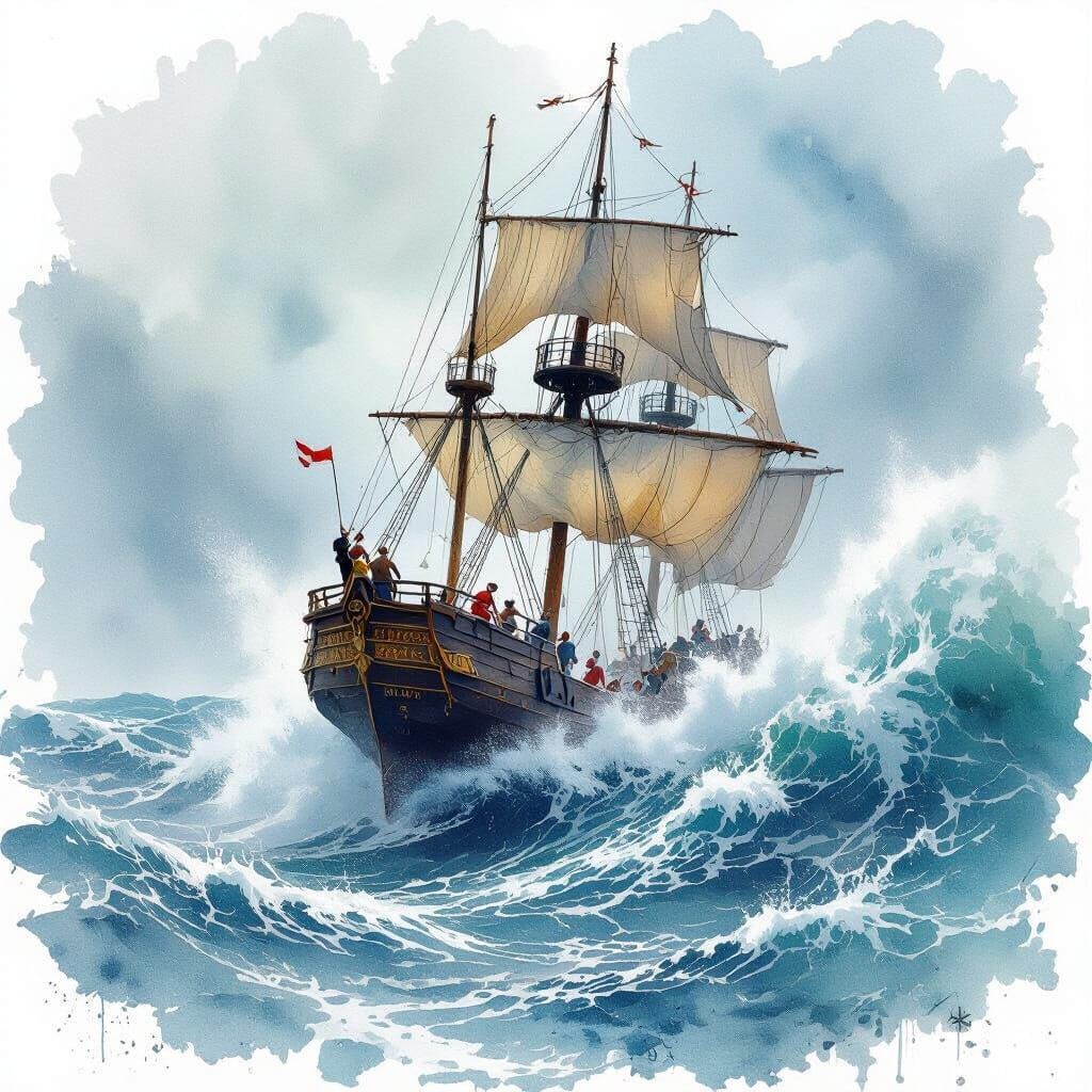 Ship Battles Stormy Seas in Watercolor Style