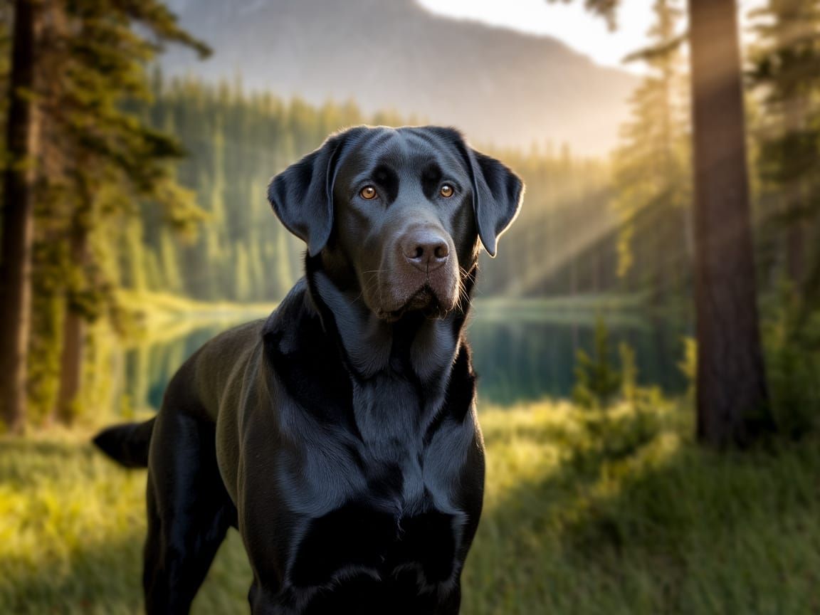 Hyperrealistic Black Labrador in Forest Landscape