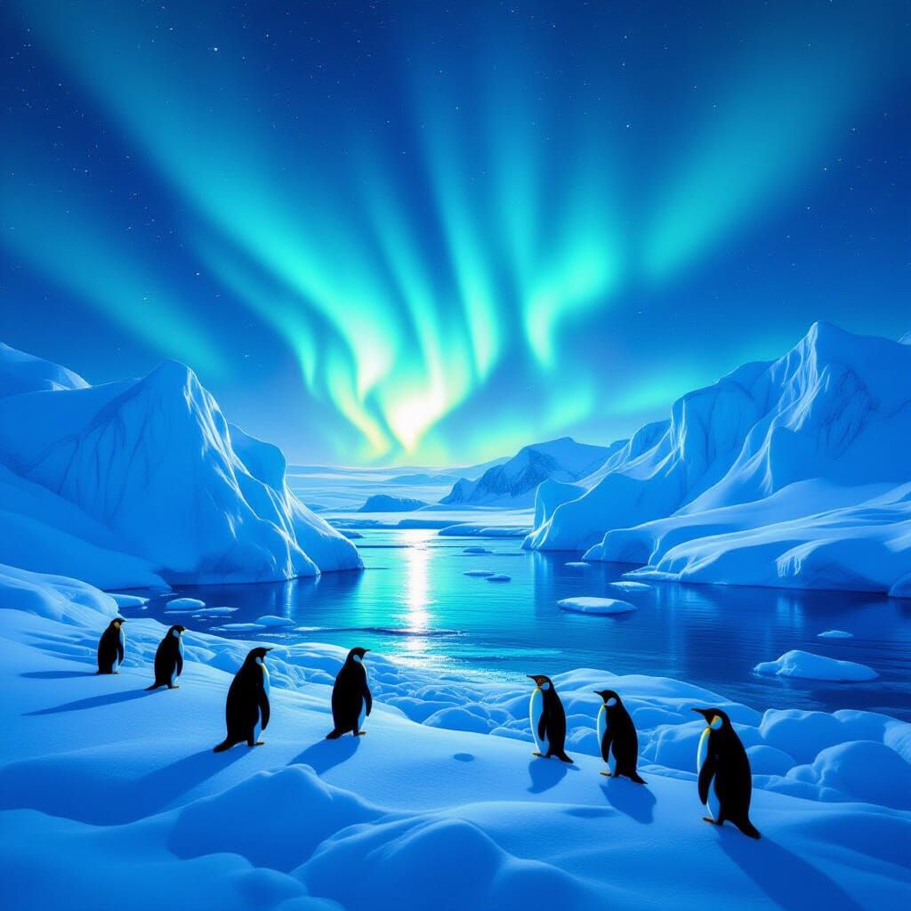 Penguins Admire Aurora Over Icebergs