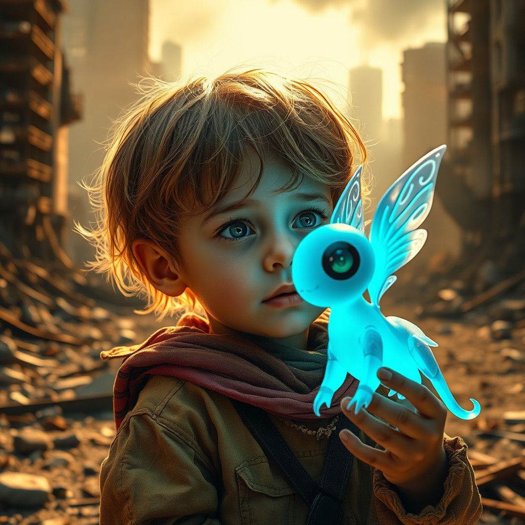 Child and Bioluminescent Toy in Post-Apocalyptic City