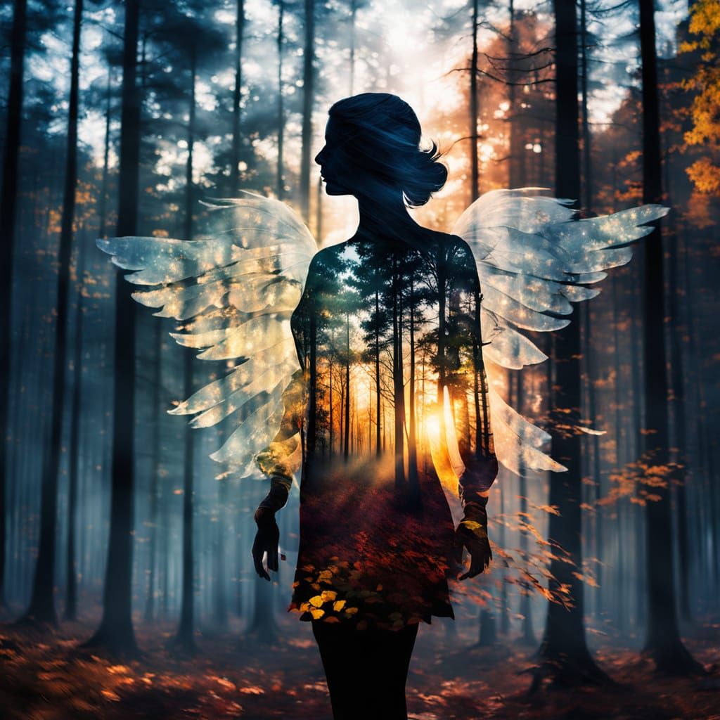 Angel Silhouette Amidst Autumn Forest Glory