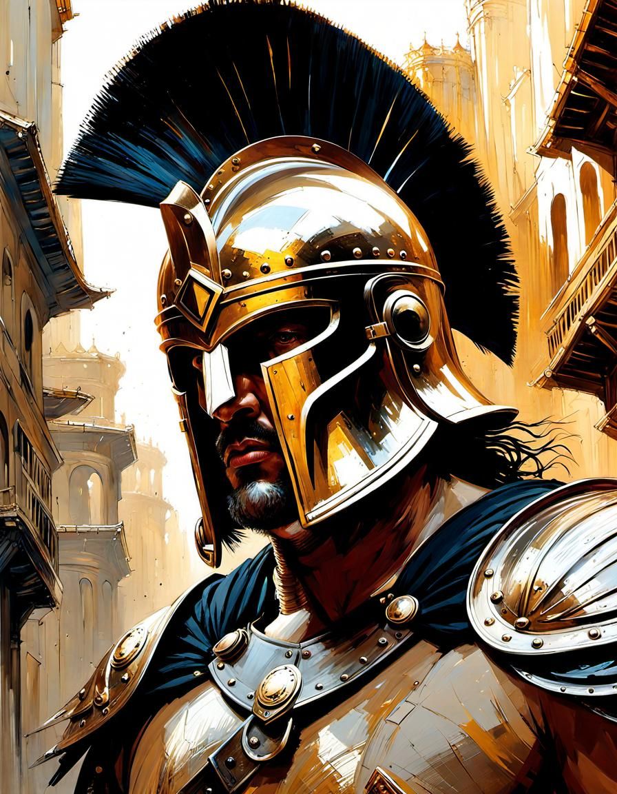 Barbarian Gladiator with Elaborate Helmet in Oil Painting St...