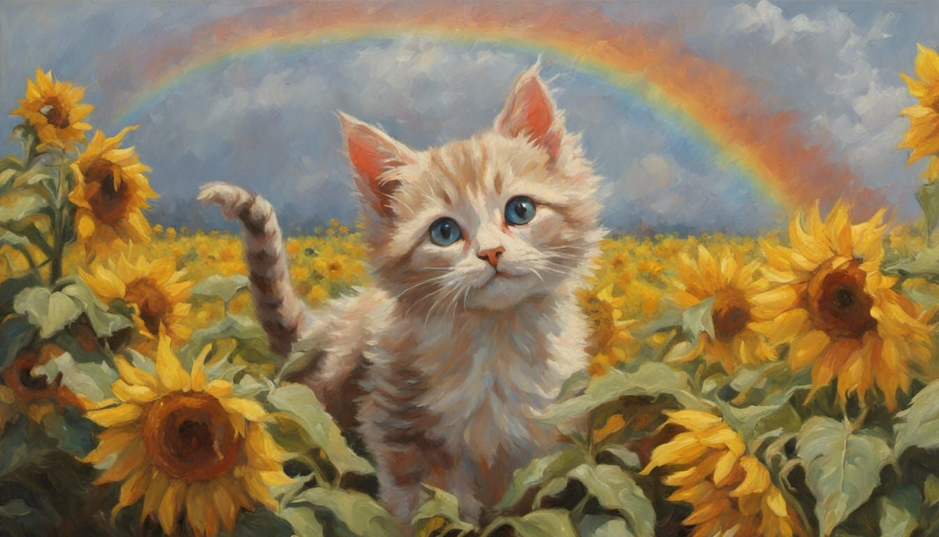 Kittens Playing in Sunflowers, Impressionistic Oil Painting
