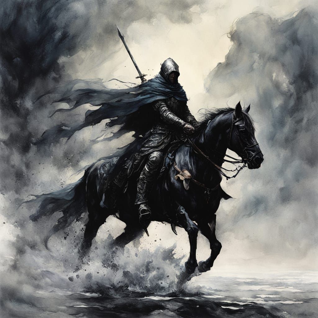Paladin Galloping Through Ominous Storybook Landscape
