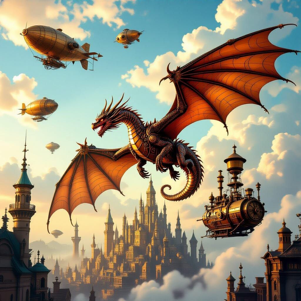 Steampunk Mechanical Dragon Soaring Over Brass City