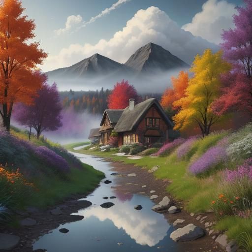 Charming Cottage Village in Autumn Pop Art Style