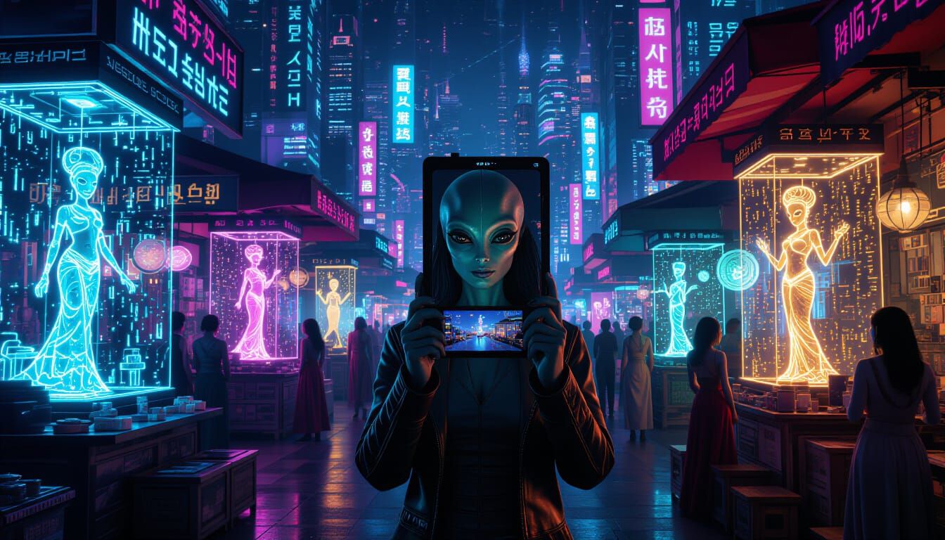 Distorted Alien Portrait in a Futuristic Marketplace