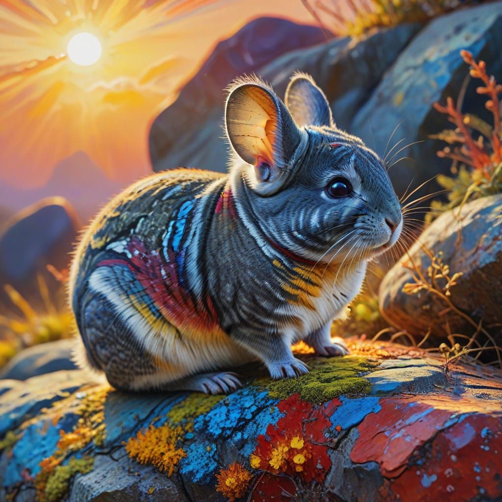 Chinchilla on Lichen Rock: Fauvist Oil Painting