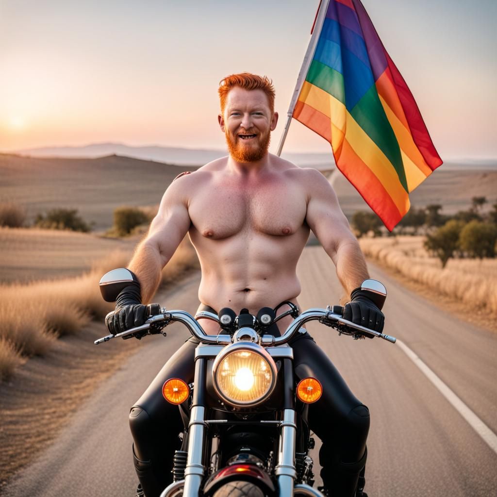 Gay Biker Rides Motorcycle into Sunset