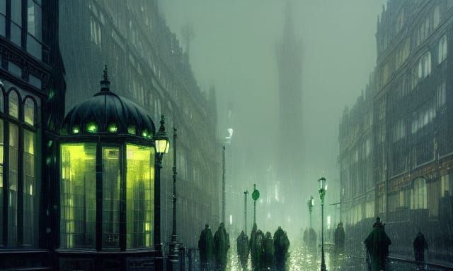 Victorian Cityscape with Green Portals, Digital Art