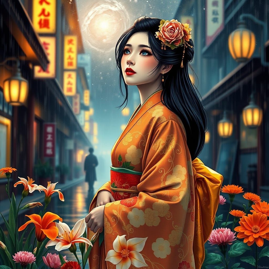 Surreal Geisha in Rainy Street Scene with Intricate Golden M...
