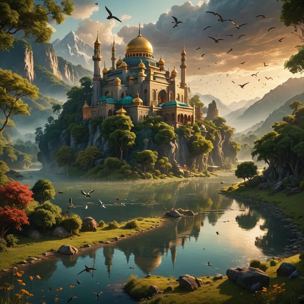 Mosque by River with Forested Mountains in Golden Light