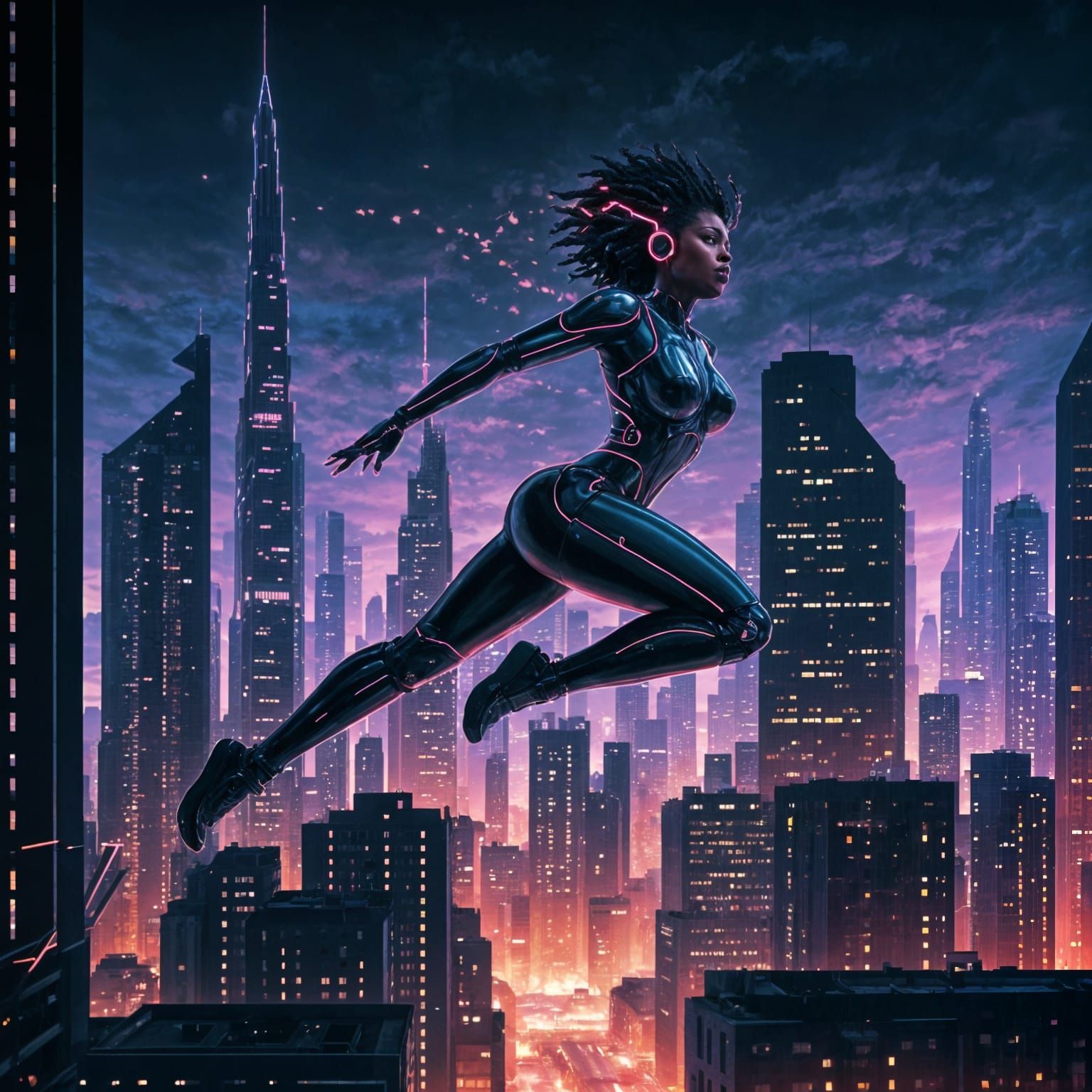 Cyberpunk Caribbean Goddess Leaping Through Futuristic City
