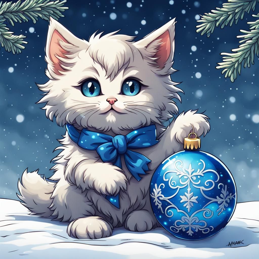 Cute Kitten with Christmas Ornament in Anime Style