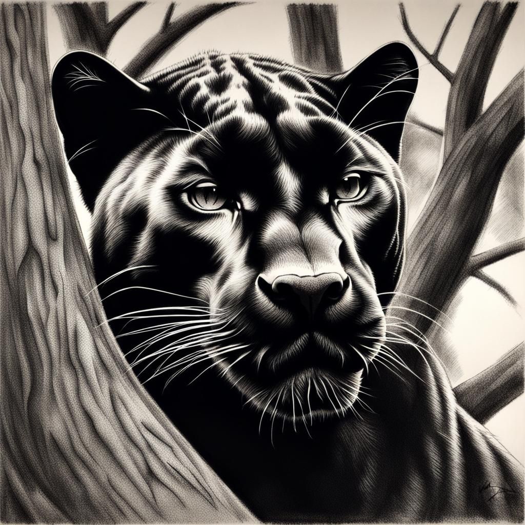 Black Panther in Tree: Hyperdetailed Charcoal Drawing
