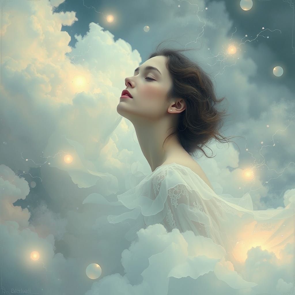 Ethereal Woman in Dreamscape of Whispering Memories