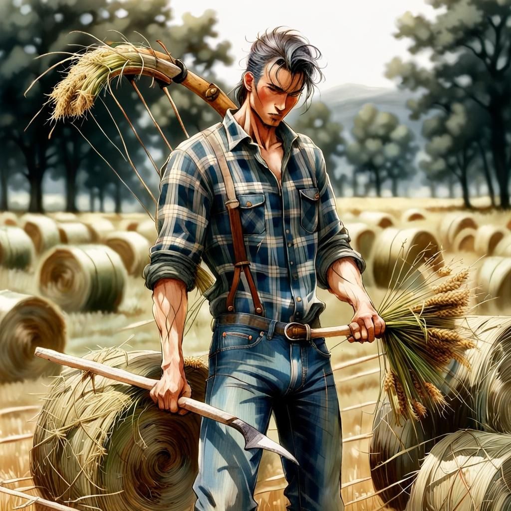 Male Farmhand Cutting Hay in Golden Light