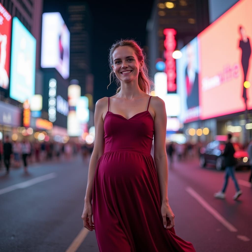 Radiant Motherhood in Times Square: Hyper-Realistic Portrait