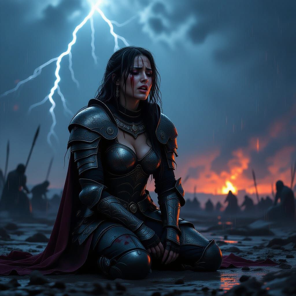 Grieving Warrior Woman on Desolate Battlefield